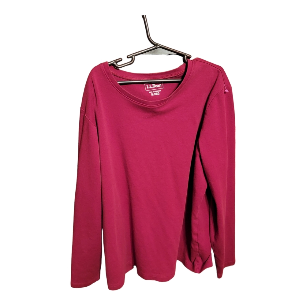 LL Bean Womens Long Sleeve Shirt medium Round Neck Red 100 percent cotton
